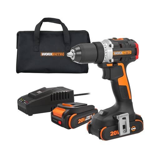 Worx Nitro 20V Cordless 1/2" Drill Driver With Brushless Motor - Compact & Lightweight Set Only 6" and 3 lbs. - Power Share Compatible WX130L - Batteries & Charger Included, Black 20V 1/2” B