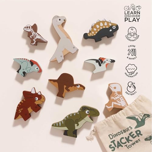 Image of Le Toy Van Wooden Jurassic Stacking Dinosaurs & Bag, 18m+