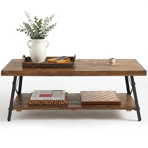 Finch Ezra Coffee Table with Storage, 48 Inch Solid Wood and Metal Farmhouse Coffee Table, Walnut Brown Rectangle Cocktail Table with Lower Shelf for Living Room