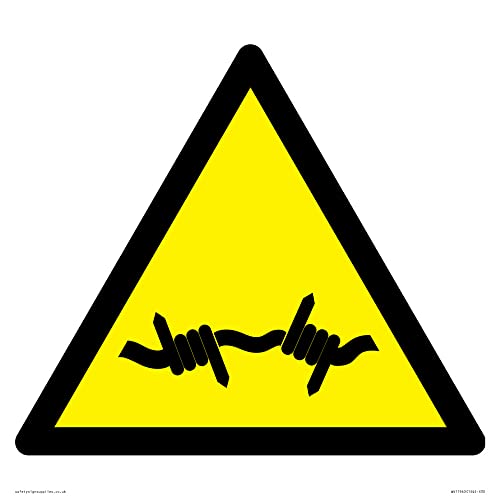 W033 Warning: Barbed wire Sign - 300x300mm - S30, Yellow/White, 300 x 300 mm
