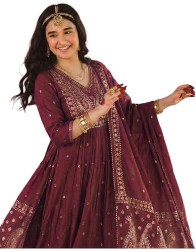 Image of GoSriKi Rust Anarkali Kurta Set for Women with Dupatta | Cotton Kurti Set for Woman | Embroidered Anarkali Suit for Women Kurti Pant Set with Dupatta | Suit Set for Women Latest