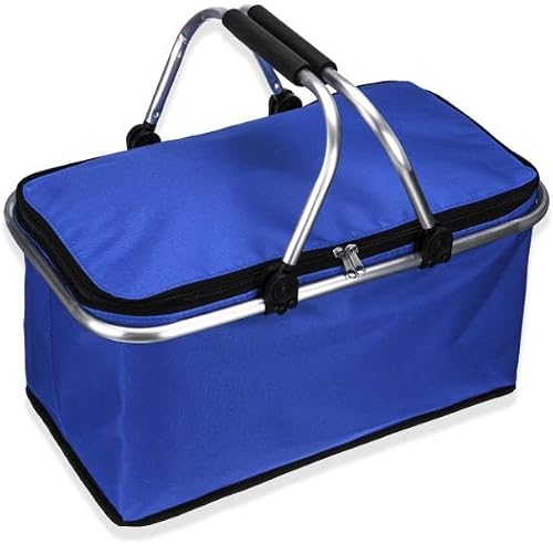 Foldable Insulated Picnic Basket Cooler Bag, Blue | Aluminium Handles, Zippered Closure, Collapsible Design, Food & Drink Storage, Outdoor Use