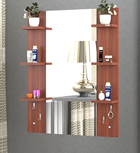 Image of MAMTA Decoration Engineered Wood Wall Mount Dressing Table Mirror with Shelves Storage for Living Room Bedroom (Classic Walnut Finish)