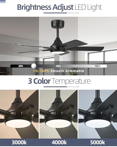 Image of YOUKAIN Ceiling Fans with Lights, 42 Inch Black Ceiling Fans, Smart Ceiling Fan Works with Voice Control & Remote Control, Reversible Blades, Modern Led Ceiling Fan for Bedroom, 42-YJ812-BK