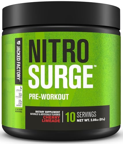 Jacked Factory NITROSURGE Pre Workout Supplement - Endless Energy, Instant Strength Gains, Clear Focus, Intense Pumps - NO Booster & Preworkout Powder with Beta Alanine - 10 Servings, Cherry Limeade