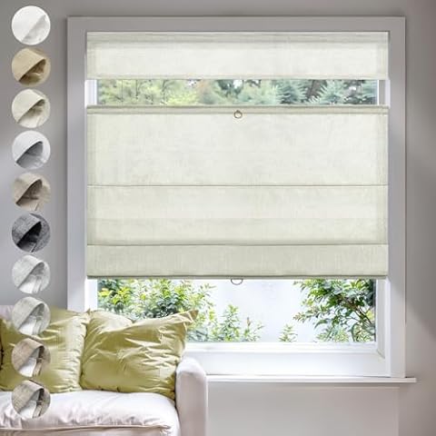Moonice Custom Cordless Roman Shades for Windows Top Down Bottom Up Roman Shades Light Filtering Linen Roman Shades for Windows,Thermal Insulated Roman Window Blinds for Home Office,Beige White Cover