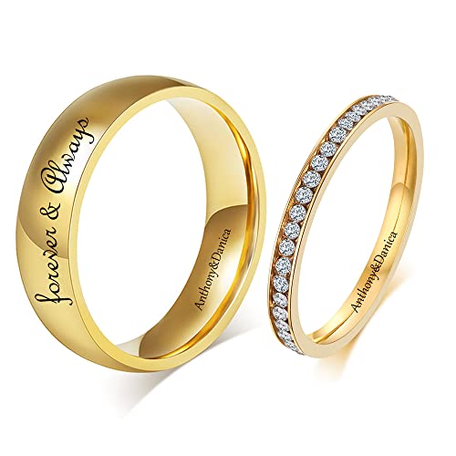 Personalized Matching Promise Rings for Couples Stainless Steel Gold Wedding Ring Set for Him and Her Tungsten Custom Engraved Couple Rings with Cubic Zirconia Valentine's Day Jewelry
