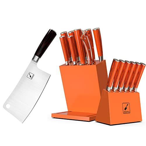 Imarku 7 Inch Meat Cleaver And 16-Pieces Orange Knife Set, Ultra Sharp Japanese High Carbon Stainless Steel Kitchen Knives #TOP21