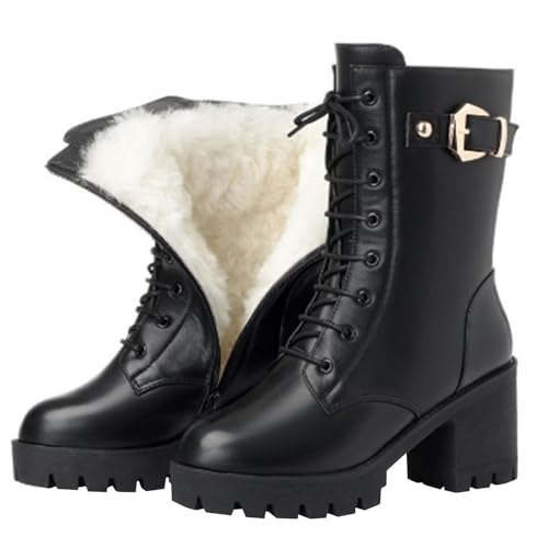 cfpqv Botas de nieve impermeables para mujer, con forro de media caña y tacón con cordones, impermeables, resistentes al viento, botas de invierno, antideslizantes, de caña media, Negro , 38 EU