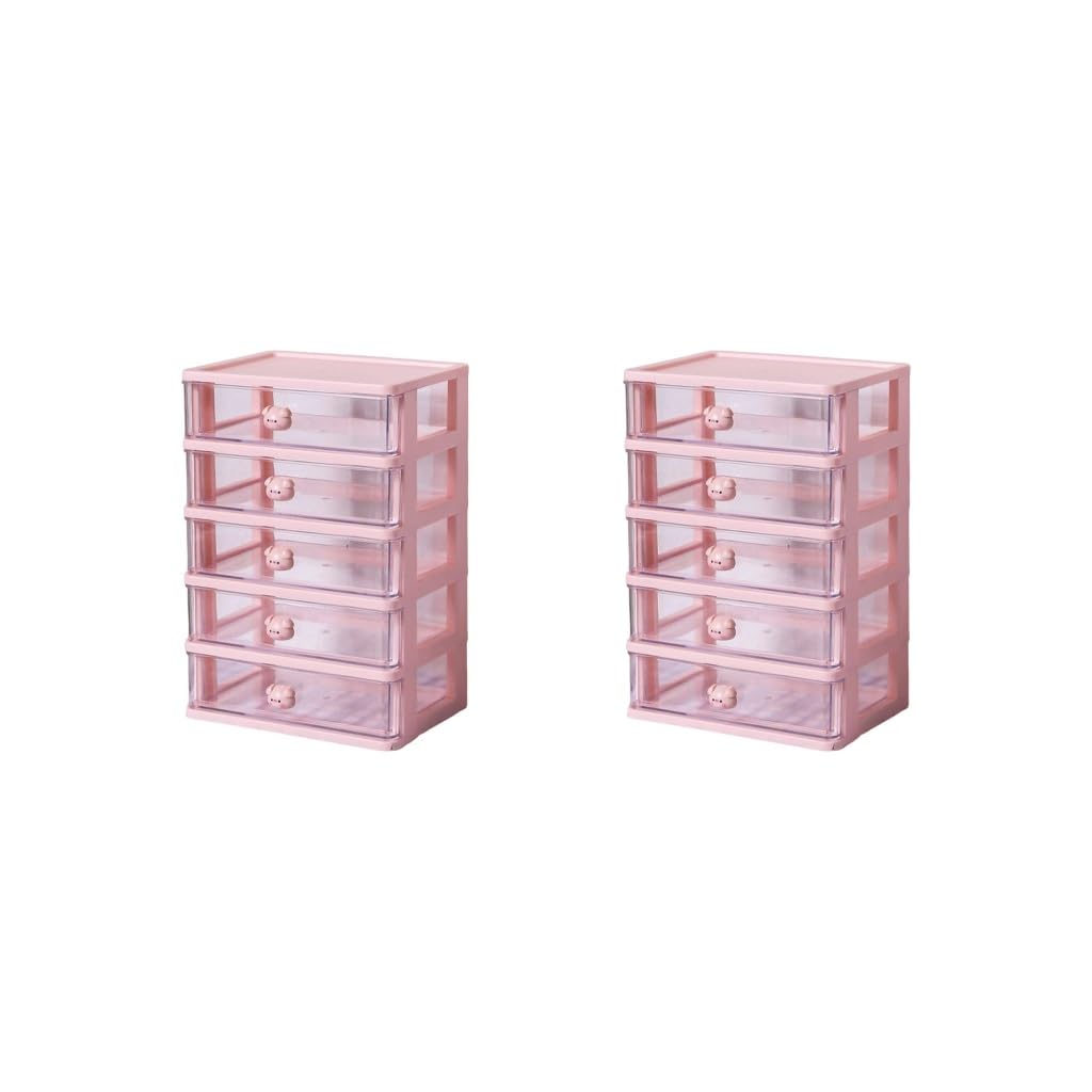 Set di 2 organizer da scrivania per cassetti e cosmetici, per tavolo da toeletta, 5 cassetti, rosa