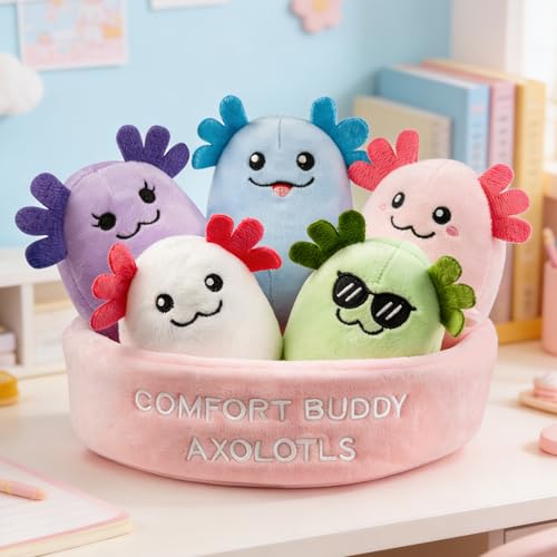 Image of Emotional Support Axolotl Plush Friendship Gifts, 5 Tiny Cute Stuff, Squishy Axolotls with Carrying Basket, Emotional Axolotl Pal, Best Friend Birthday Gifts for Women Bestie Adult (Axolotls)