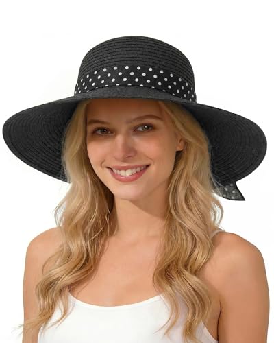Senker Fashion Sun Hats for Women UV Protection Wide Brim Beach Straw Derby Hat Packable Floppy for Summer Vacation UPF 50+ Black