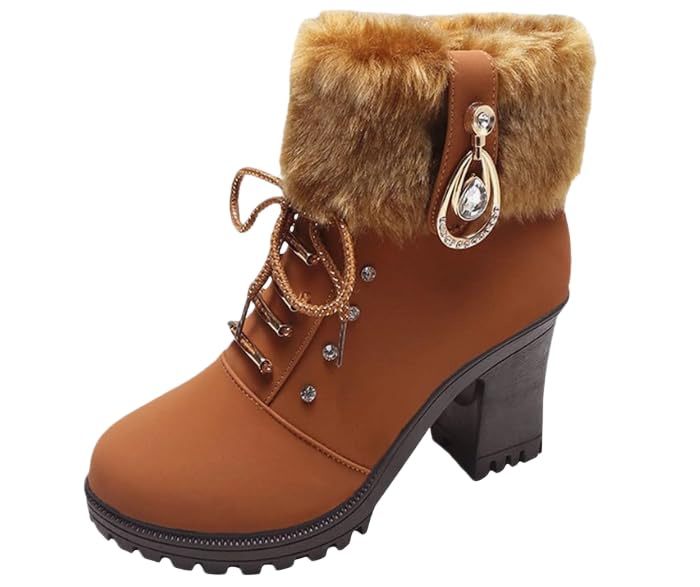 Womens Faux Fur Lined Ankle Boots Stylish Block Heel Winter Boots with Rhinestone Accent for Casual Dressy Occasions