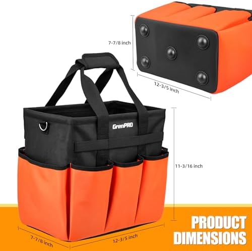 Garden Tool Bag Organizer, Heavy Duty Gardening Tote Toolbox with 10 Pockets, Adjustable Shoulder Strap, Standable & Foldable for Tool Storage, Home Garden Kit, Orange (Tools Not Included) - Thumbnail 5