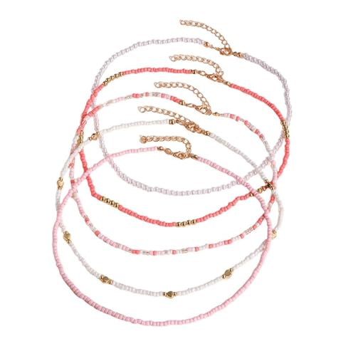 5 Pcs Boho Layered Beaded Necklace Set for Women Adjustable Seed Beads Chain Necklaces Lightweight Gold Beaded Imitation Pearl Choker Necklace Summer Beach Jewelry-Pink