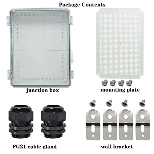 Zulkit Junction Box,Ip67 Waterproof Electrical Box Hinged Clear Cover Stainless Steel Buckle Plastic Project Box W Mounting Plate Wall Bracket And 2 Cable Gland 17.7"X13.8"X7.9"/450X350X200Mm #TOP3