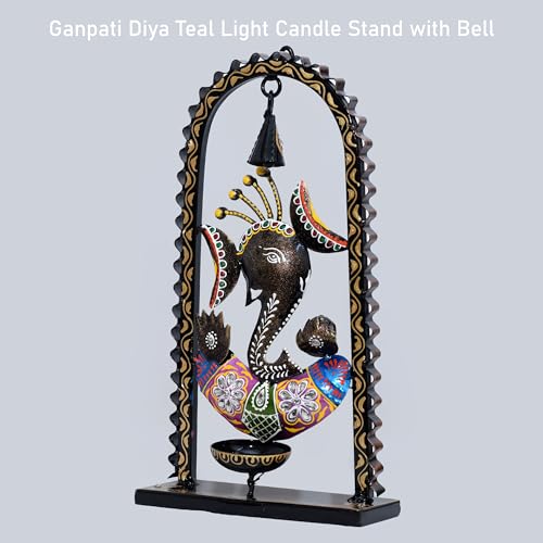 Image of KRAFTSKALA Ganesh Tea Light Candle Diya with Ringing Bell Decorative Metal Statue Showpiece for Living Room Home Decor, Tabletop, Diwali Gift