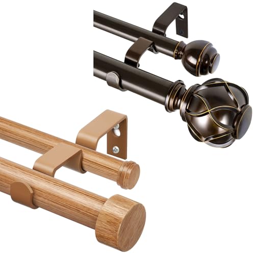 KAMANINA Bundle of 72 to 144 inches Curtain Rods, Netted Texture End and End Caps, Bronze and Wood Grain