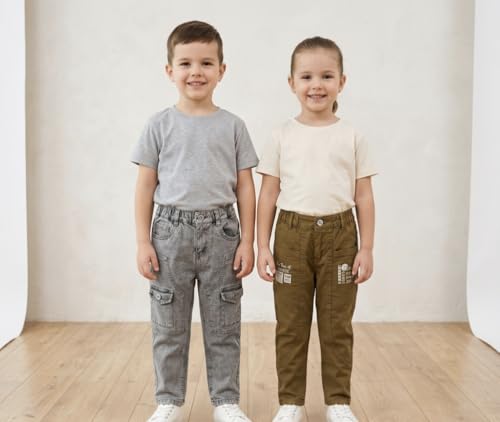 Image of Boys Cargo Pants, Kids Cargo Jeans with Pockets, Adjustable Waist, Stretch Denim Casual Pants for Boys