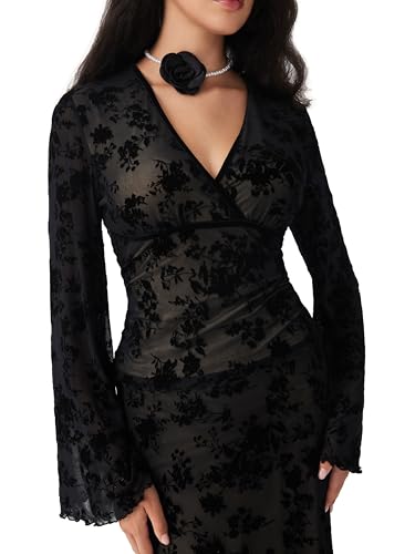 CIDER Women's Floral Mesh Long Sleeve Top V Neck Going Out Date Night Blouse4