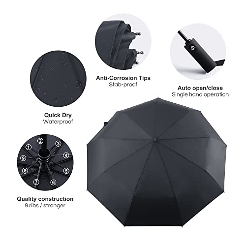 Sy Compact Travel Umbrella 2 Packs Automatic Windproof Folding Compact Umbrellas (Black + Blue) #TOP1