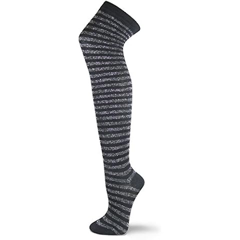 Women Ladies Thigh High Fashion Sparkling Striped Over Knee Socks(1 pair) (Black/Sparkling Silver) Cover