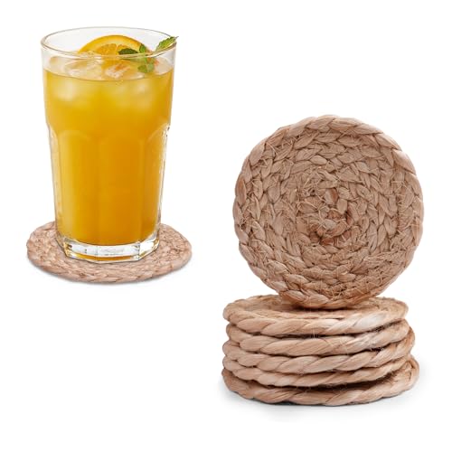 Image of Encasa XO Drink Coasters Set of 6 | Jute Natural Bleach Color with Round Size 9 cm | Handcrafted Style Jute | Absorbent & Heat-Resistant | Use for Tea, Coffee Table & Desk