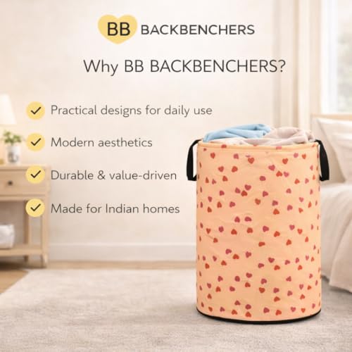 Image of Printed Laundry Basket 48L | Foldable Storage Bag with Handles | Multipurpose Clothes Hamper for Bedroom, Bathroom & Dorm | Non-Woven Fabric (Heart Print) | Orange | Pack of 1