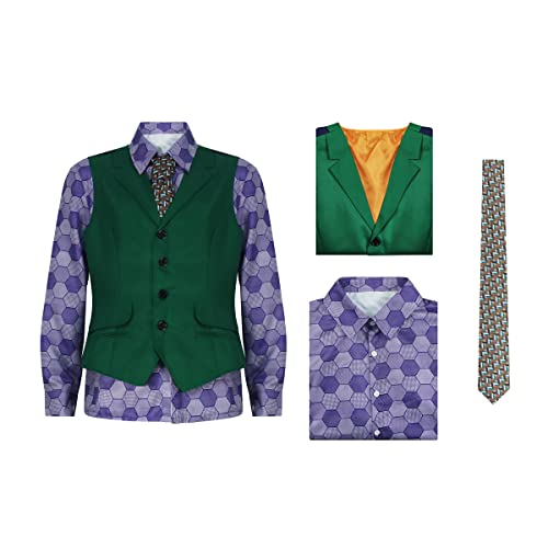 Mens Joker Costume Shirt Vest Tie Suit Halloween Cosplay Deluxe Knight Fancy Dress Up Outfit for Adult M