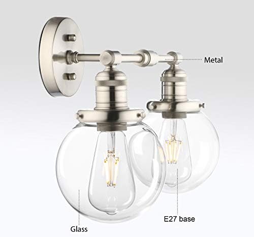 Phansthy Double Head Light Industrial Wall Lights Vintage Wall Sconces with Clear Globe Glass Shade Wall Lamp for Hallway Living Room Kitchen Dining Room Bedroom Vanity Mirror (Brushed)
