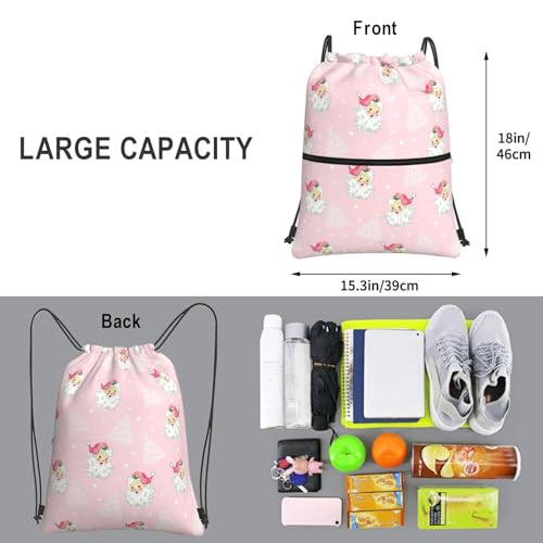 Image of Christmas Tree Santa Claus Drawstring Bag, Waterproof Snowflake Drawstring Bckpack for Gym Sports Xmas Party Gift, Women Durable Pink Sackpack Bag with Front Zipper Pocket and Inside Zipper Pocket