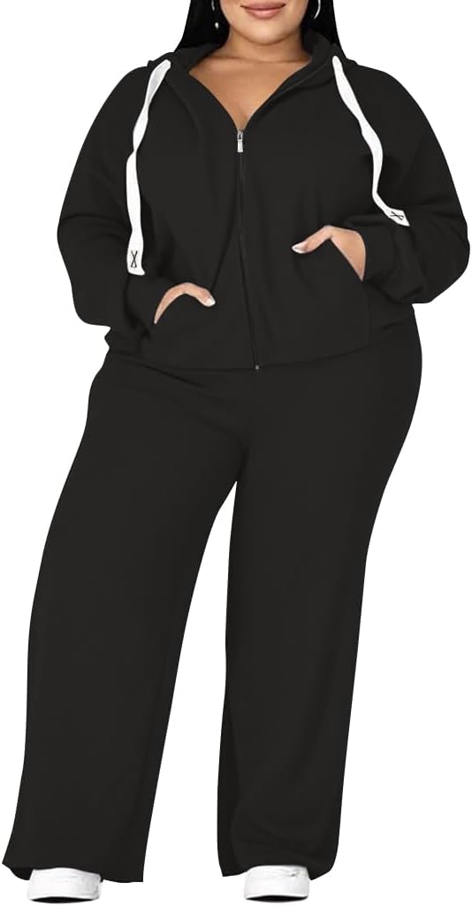 UOUA Plus Size Womens 2 Piece Sweatsuits Outfits Zip Up Jackets & Wide Leg Sweatpants Casual Loungewear Tracksuit Sets