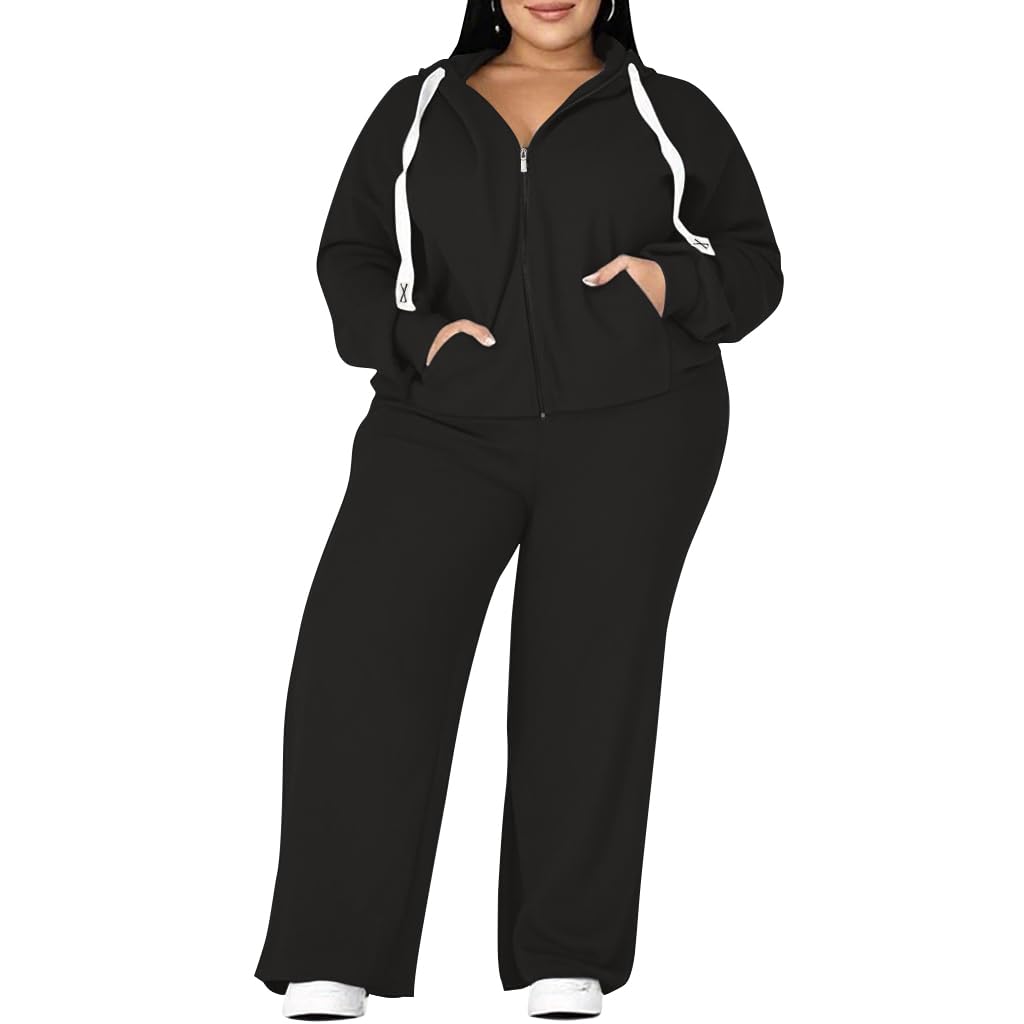 UOUA Plus Size Womens 2 Piece Sweatsuits Outfits Zip Up Jackets Wide Leg Sweatpants Casual Loungewear Tracksuit Sets