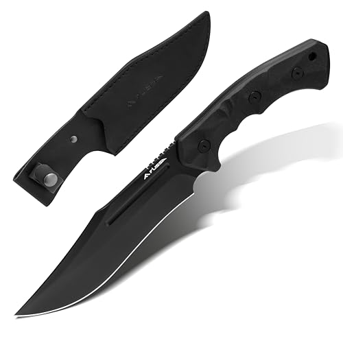 FLISSA Fixed Blade Bowie Knife with Leather Sheath, 14C28N Full Tang Knife | G10 Handle, 0.16' Blade Thickness, 12.2' Overall Length, Outdoor Hiking, Camping, Hunting, Survival, Gift for Men Women