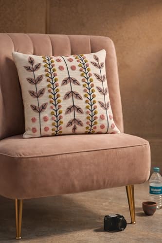 Image of Prista Set of 2 Floral Embroidered Cushion Covers 16x16 Inch | Premium Slub Cotton Decorative Pillow Covers with Tufted Embroidery | Boho Sofa Cushion Covers for Living Room (Blush Floral)