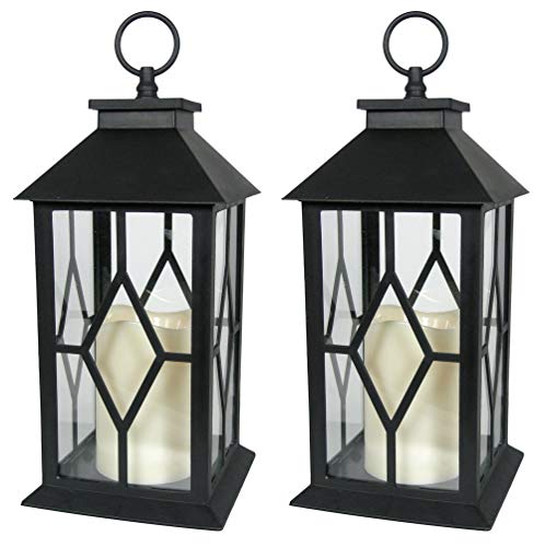 Decorative Lighed Lanterns - Black LED Decorative Lanterns with a Flameless Pillar Candle - Remote Control - 4 Hour Timer - Indoor Outdoor Lighting - Set of 2 - 13