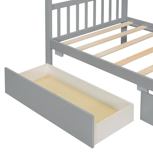 Image of Twin Size House Platform Bed with Roof and 2 Drawers, Solid Wood House Daybed Frame with Headboard and Slat Support for Kids Teens Girls Boys Bedroom, Can Be Decorated (Gray-03, Twin)