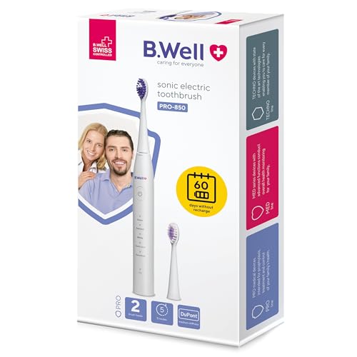B. Well Swiss PRO-850 Electric Sonic Toothbrush with 5 Operating Modes, 2 Months Battery Life and Timer, Includes 2 Different Colour Brush Heads with DuPont Premium Bristles, White