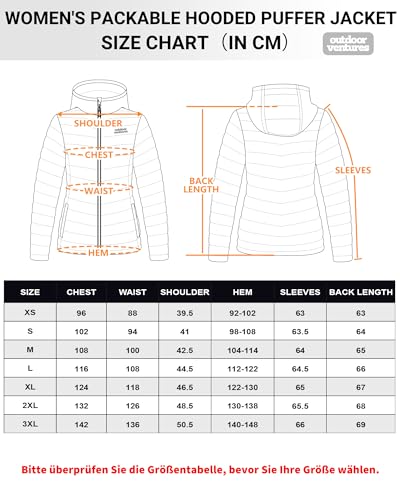 Outdoor Ventures Damen Steppjacke Leichte Packbare Übergangsjacke Warme Winterjacke mit Kapuze für Frauen Gefüttert Pufferjacke mit Taschen für Freizeit Wandern Reisen Keramik Blau 3XL