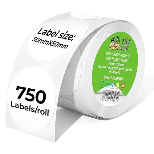 Double Dragon, 750 Premium Coated Direct Thermal Round Sticker Labels, 50mm x 50mm, Self-Adhesive, Compatible with Zebra, MUNBYN, Rollo, TSC, Toshiba, Citizen, Direct Thermal Label Printers GK420d
