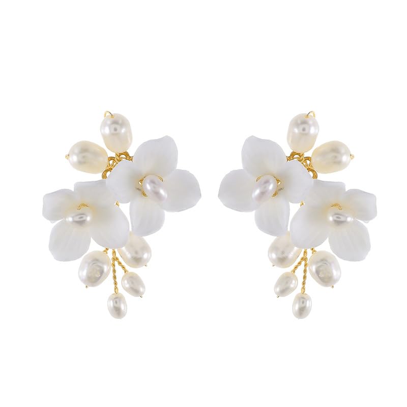 Handcraft White Ceramic Flower Pearl Stud Drop Earrings - Elegant Wedding and Prom Accessories - Post Earrings Jewelry for Brides and Women - Perfect for Special Occasions