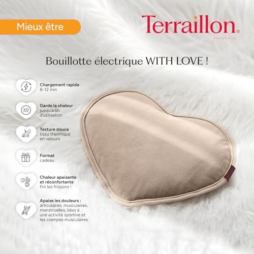 TERRAILLON - with Love, Electric Hot Water Bottle, Velvet Finish, Fast Charging 8-12 Minutes, Up to 6 Hours Warm, Relieve Muscle-Menstrual-Joint Pain, Beige Pink
