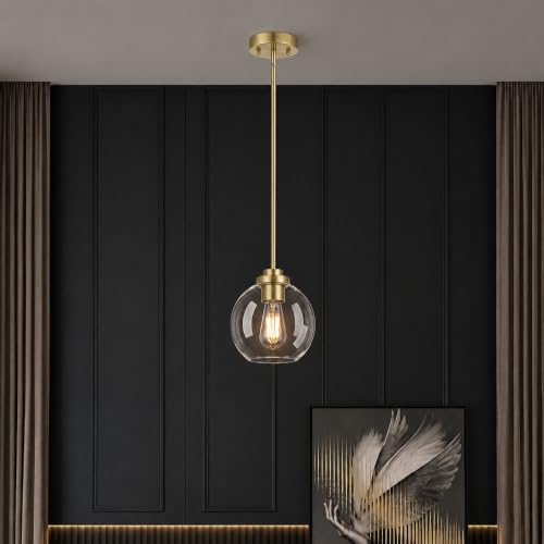 Image of 1 Pack Gold Globe Pendant Lights, Mid Century Gold Pendant Light Fixtures, Globe Pendant Lights Kitchen Island with Clear Glass Shade Adjustable Hanging Fixture for Dining Room (Bulbs not Included)