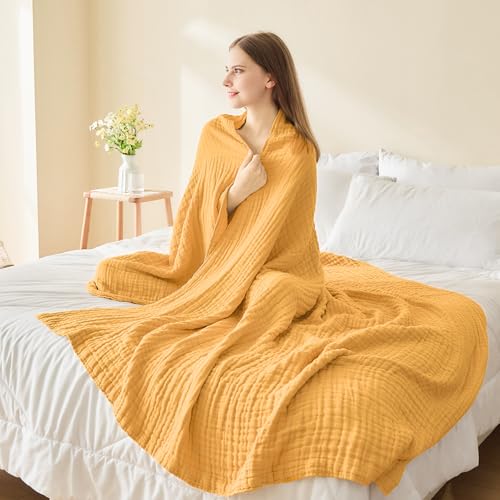 Image of EMME Cotton Muslin Large Throw Blanket Couch Breathable Gauze Soft Lightweight Bed Blankets Adults (Heather Yellow, 50 inchx70 inch)