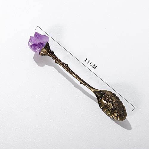 Soulnioi Vintage Carved Crystal Spoons Retro Decorative Coffee Stirring Spoons Dessert Spoons Ice Cream Spoon with Amethyst Crystal Head for Cafe Office Tableware -Brass - Image 2
