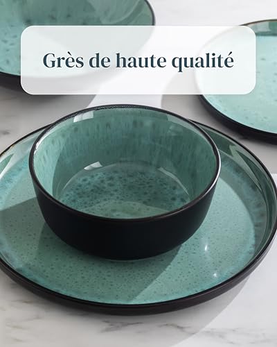 Image of 24 Piece Stoneware Dinnerware Set for 6 - Handmade Reactive Glaze Plates and Bowls Set - Chip & Scratch Resistant Dish Set - Dishwasher Microwave Safe - Dark Sage Green