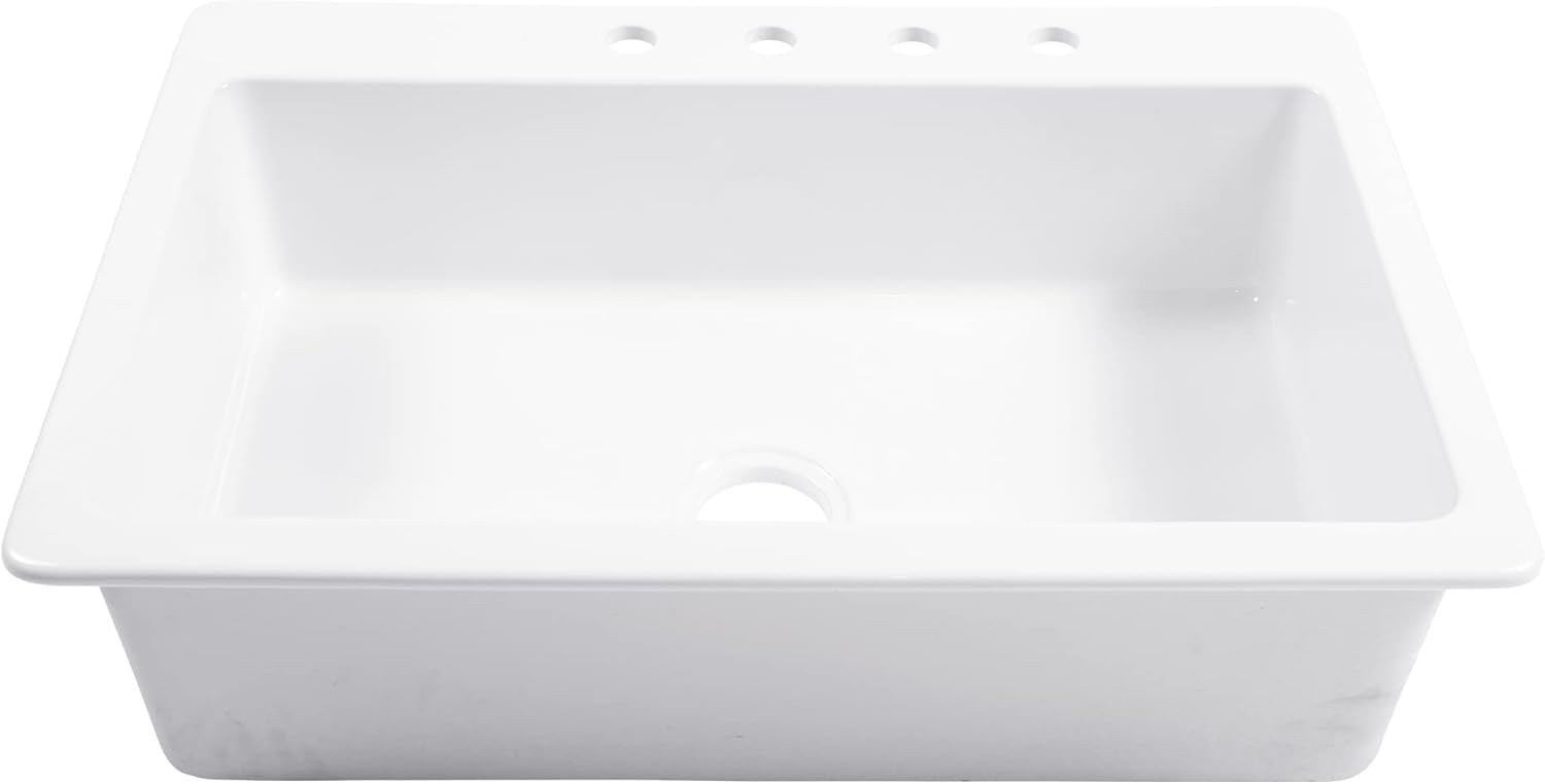 Sinkology Jackson 33 Inch White Fireclay Drop-In Kitchen Sink, Single Bowl, 4 Faucet Holes, Fits 36 Inch Cabinet, Surefire Finish