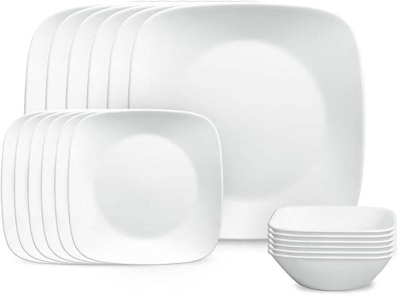 Corelle Vitrelle Juego de vajilla cuadrada de 18 piezas para 6 personas, triple capa de vidrio y resistente a astillas, juego de platos y tazones cuadrados livianos, blanco puro