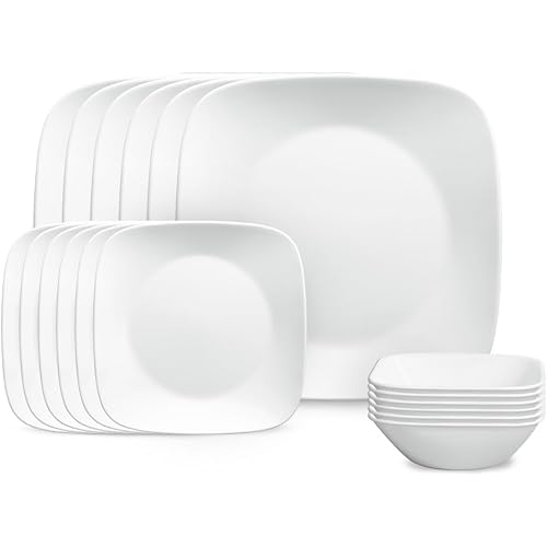 Corelle Vitrelle 18-Piece Service for 6 Square Dinnerware Set Triple Layer Glass and Chip Resistant, Lightweight Square Plates and Bowls Set, Pure White
