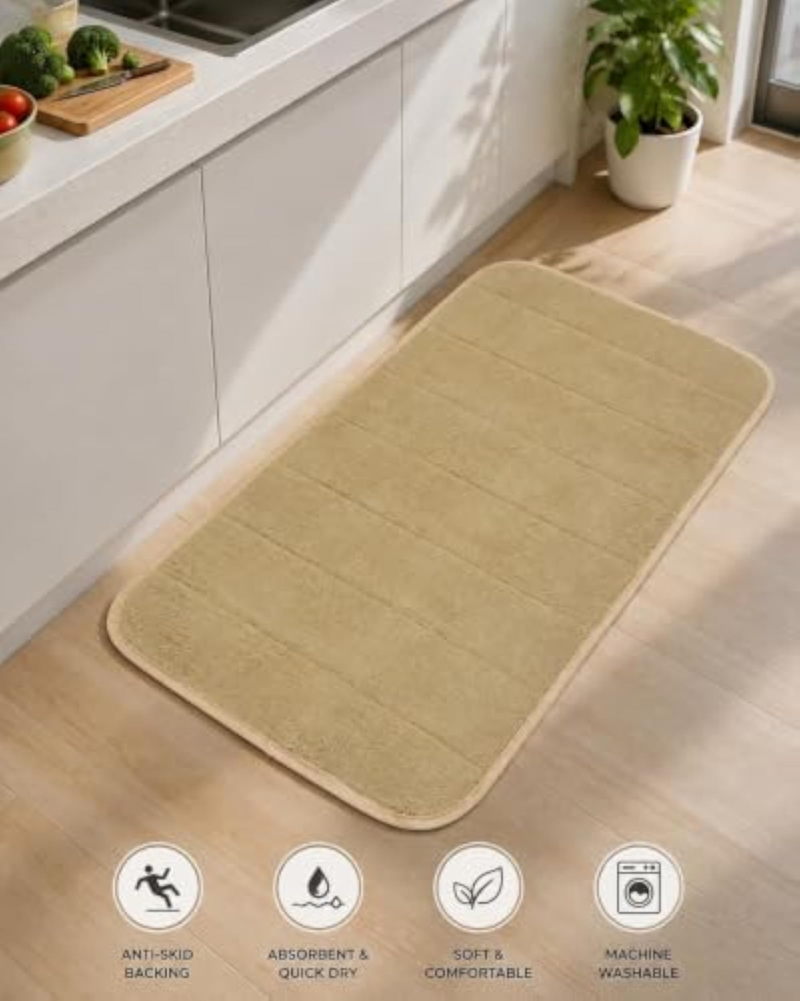 Plain Beige Kitchen Floor Mat, Soft Rectangular Kitchen Mat